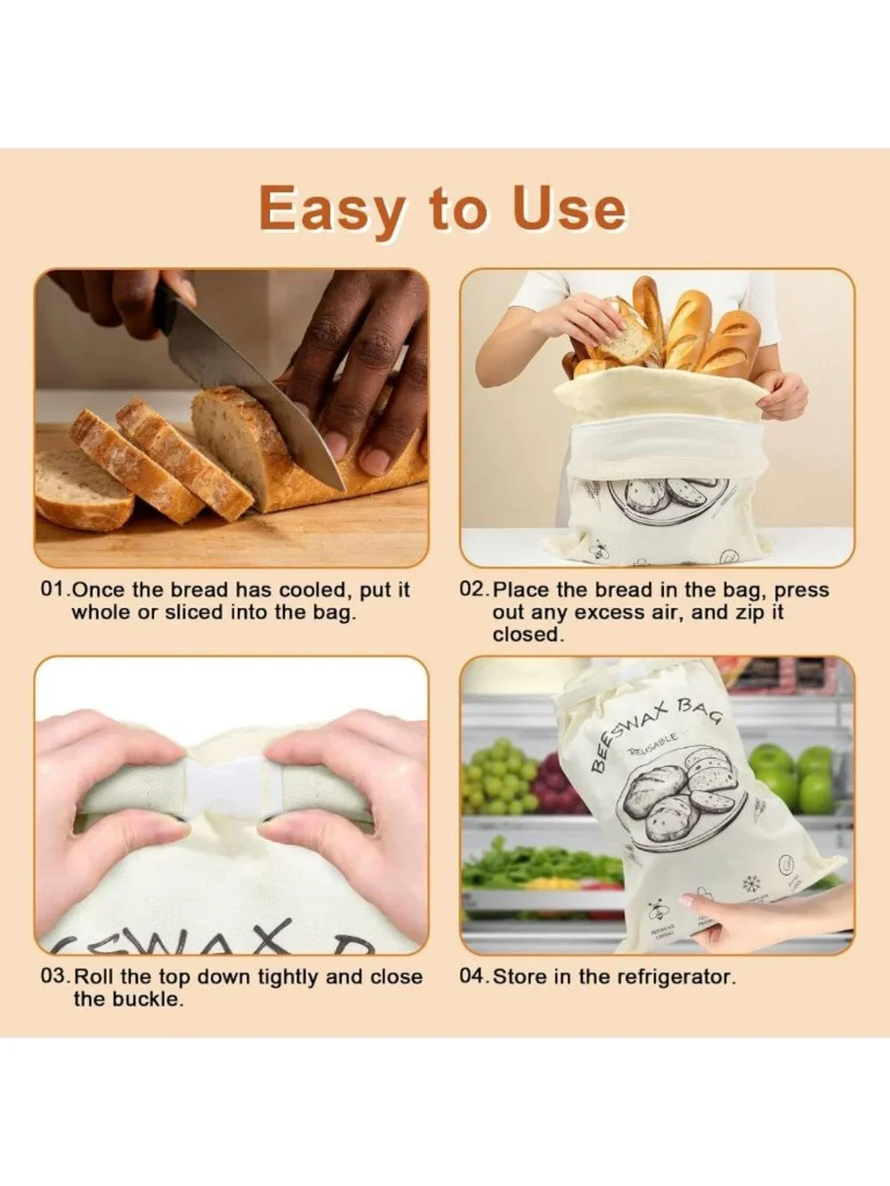 Reusable Organic Cotton Beeswax Bread Bags 2-Pack | Eco-Friendly, Large